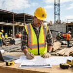 Contractor reviewing a construction escrow agreement milestone schedule on a tablet