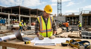 Contractor reviewing a construction escrow agreement milestone schedule on a tablet