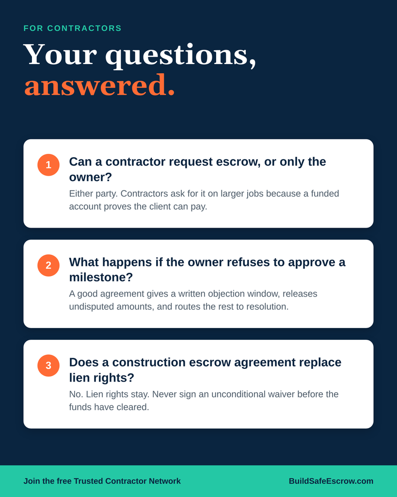 FAQ card on what a construction escrow agreement should include