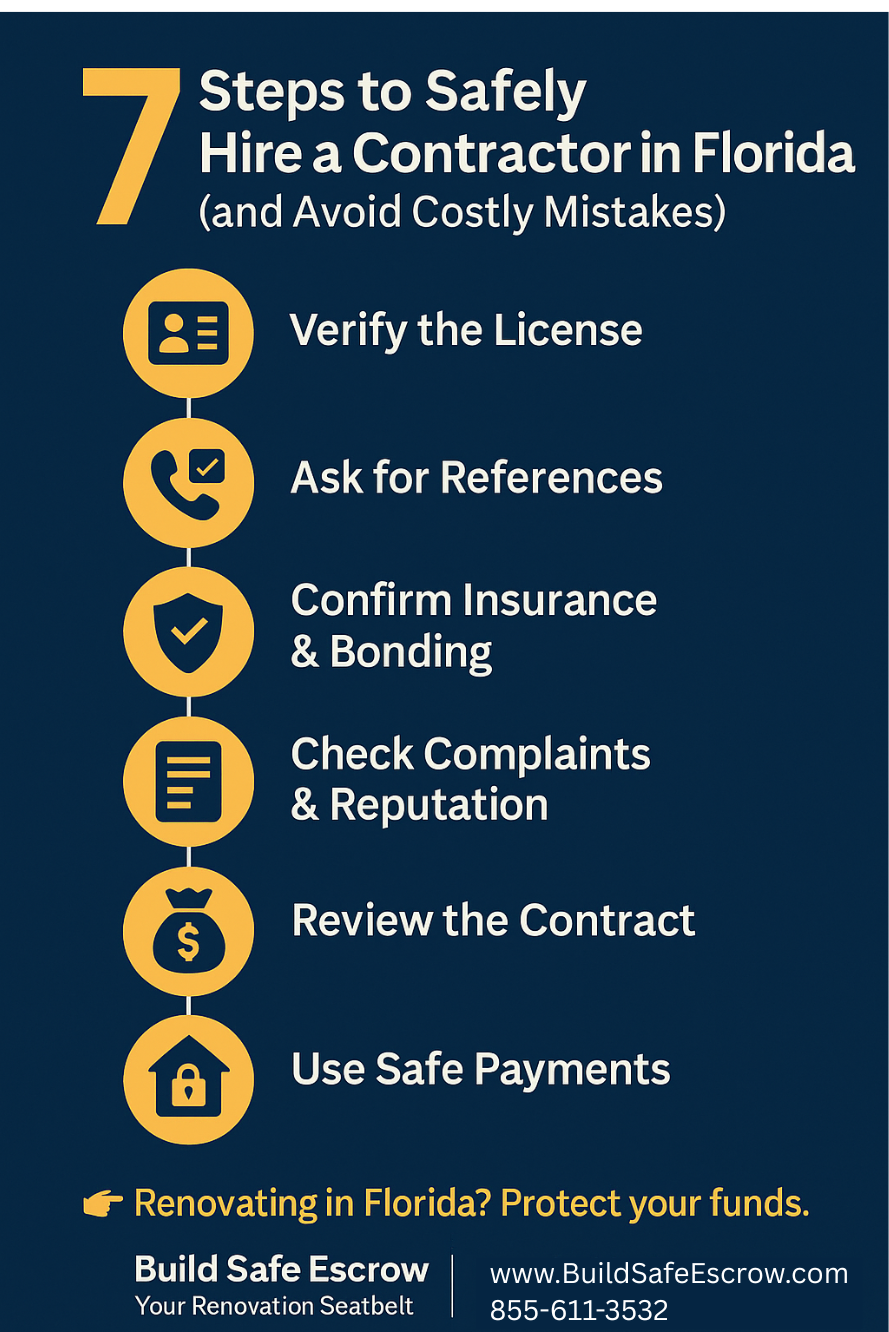 Learn how to hire a contractor in Florida safely. Verify licenses, avoid scams, and protect your renovation with escrow-backed payments.