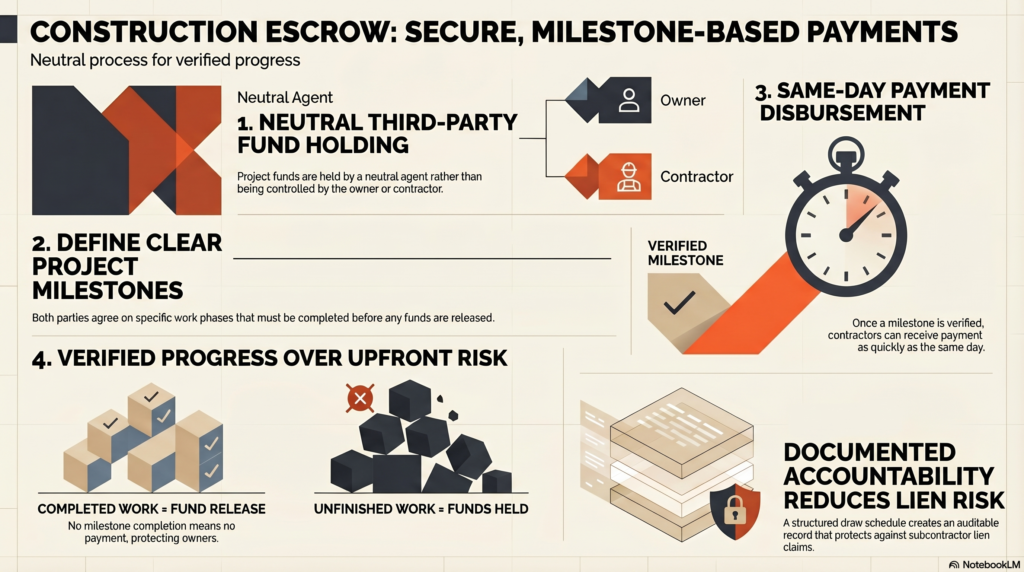 : Diagram showing milestone-based construction escrow disbursement process