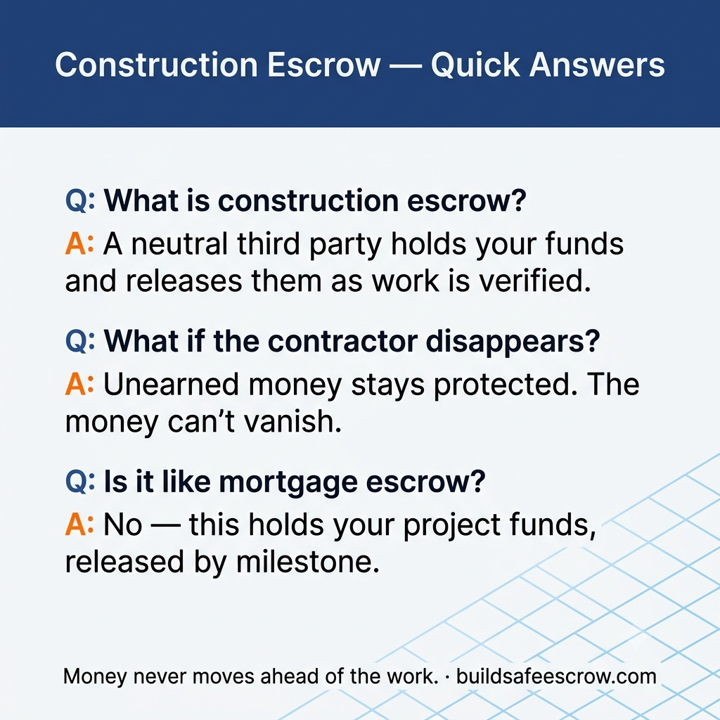 What Is Construction Escrow? A Plain-English Guide for Homeowners 5 FAQ card answering what is construction escrow, how funds stay protected, and how milestone releases work.
