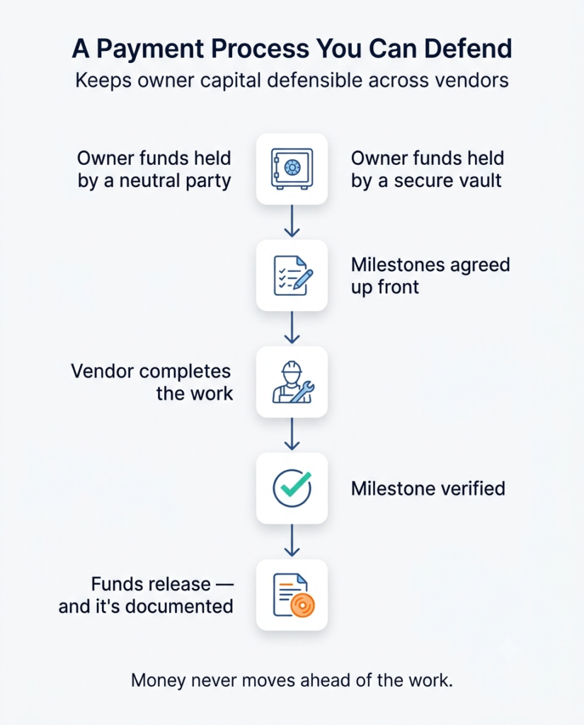Infographic showing the five-step documented flow behind escrow for property managers, from held owner funds to verified, recorded release.