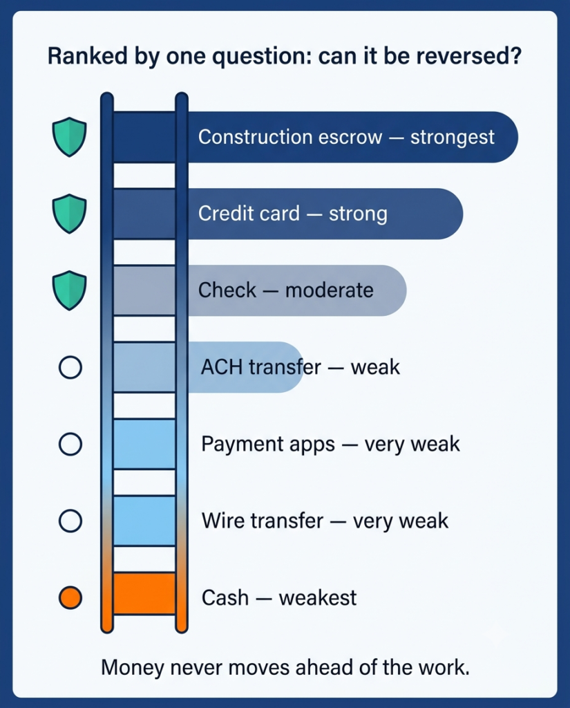 Infographic ranking the safest way to pay a contractor from escrow to cash