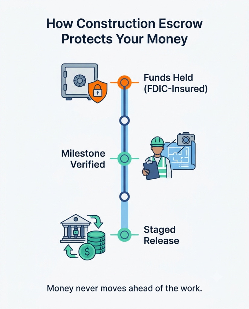 What Is Construction Escrow? A Plain-English Guide for Homeowners 4 Infographic of the milestone-release flow showing what is construction escrow — funds held, milestone verified, staged release.