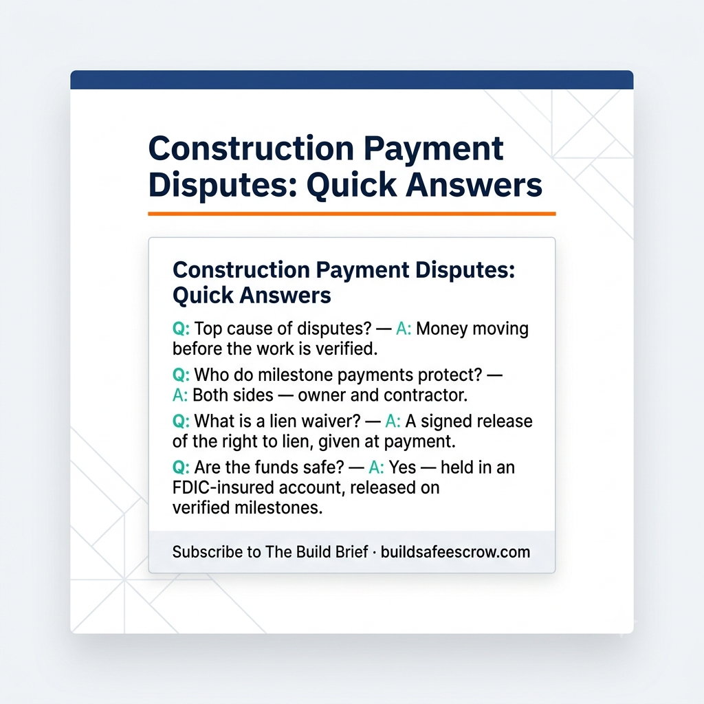 FAQ card answering common construction payment disputes questions for owners and contractors.