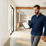 A general contractor reviews a milestone dashboard on a tablet in a premium renovation, illustrating contractor payment protection through escrow.
