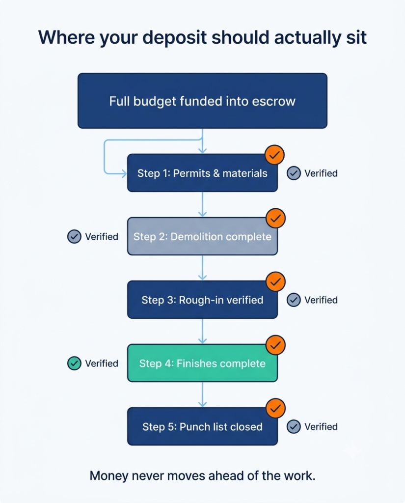 Contractor Deposit Protection: How Much Should You Really Pay Up Front? 4 Contractor deposit protection infographic showing deposit caps and milestone release flow