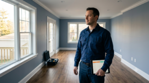 General contractor reviewing a completed addition while waiting on contractor final payment