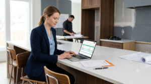 Property owner reviewing a renovation contract and contractor deposit protection terms at a kitchen island
