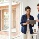 Property owner and contractor reviewing a milestone payment schedule on a tablet to prevent construction payment disputes.