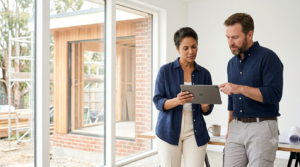 Property owner and contractor reviewing a milestone payment schedule on a tablet to prevent construction payment disputes.