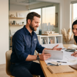 A contractor presents an escrow-backed proposal to a client, illustrating how contractors win more construction bids on structure rather than price.