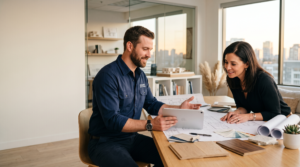 A contractor presents an escrow-backed proposal to a client, illustrating how contractors win more construction bids on structure rather than price.