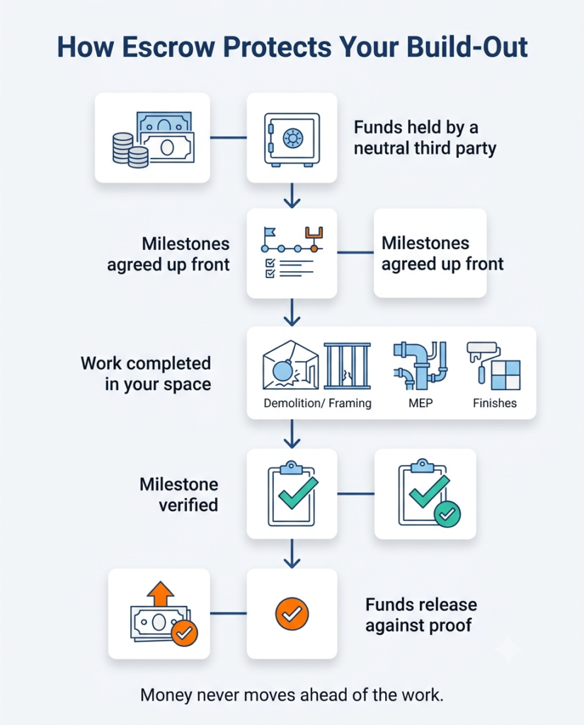 Tenant Improvement Escrow: Tie Your Build-Out Funds to Completed Work 4 Infographic showing the five-step milestone flow behind tenant improvement escrow, from held funds to verified release.