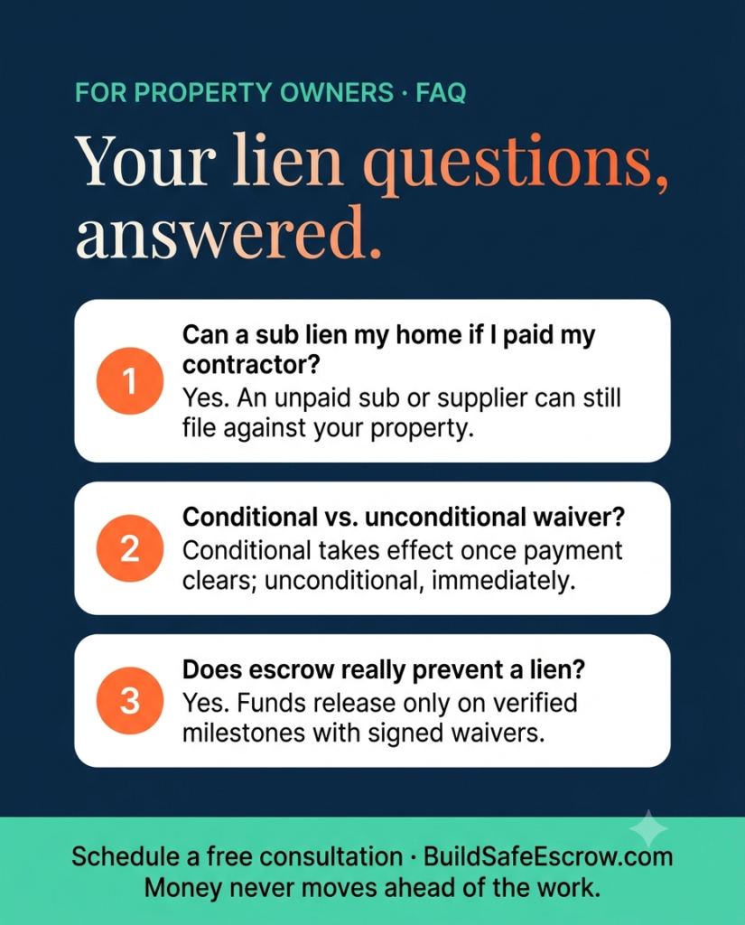 A branded FAQ card answering common questions about how to avoid a mechanics lien through waivers and verified escrow releases.