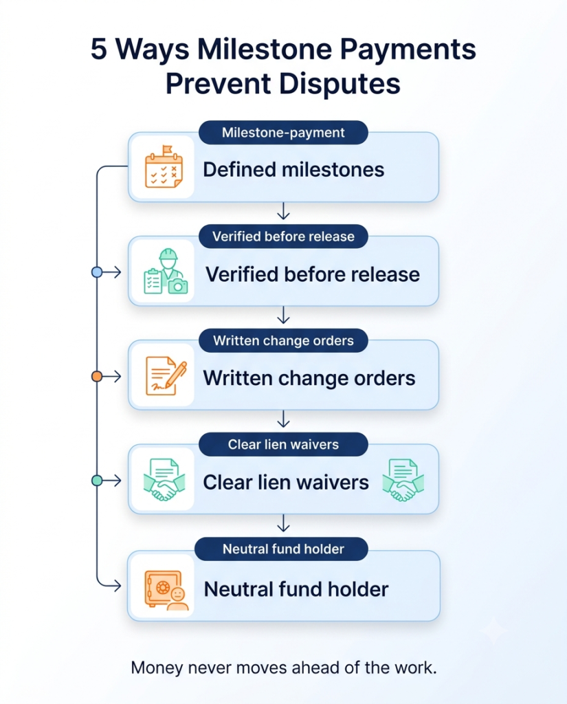 Infographic of five milestone-payment steps that prevent construction payment disputes for owners and contractors.