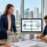 A property manager reviews a verified vendor-payment dashboard in a renovated unit, illustrating escrow for property managers.