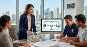 A property manager reviews a verified vendor-payment dashboard in a renovated unit, illustrating escrow for property managers.