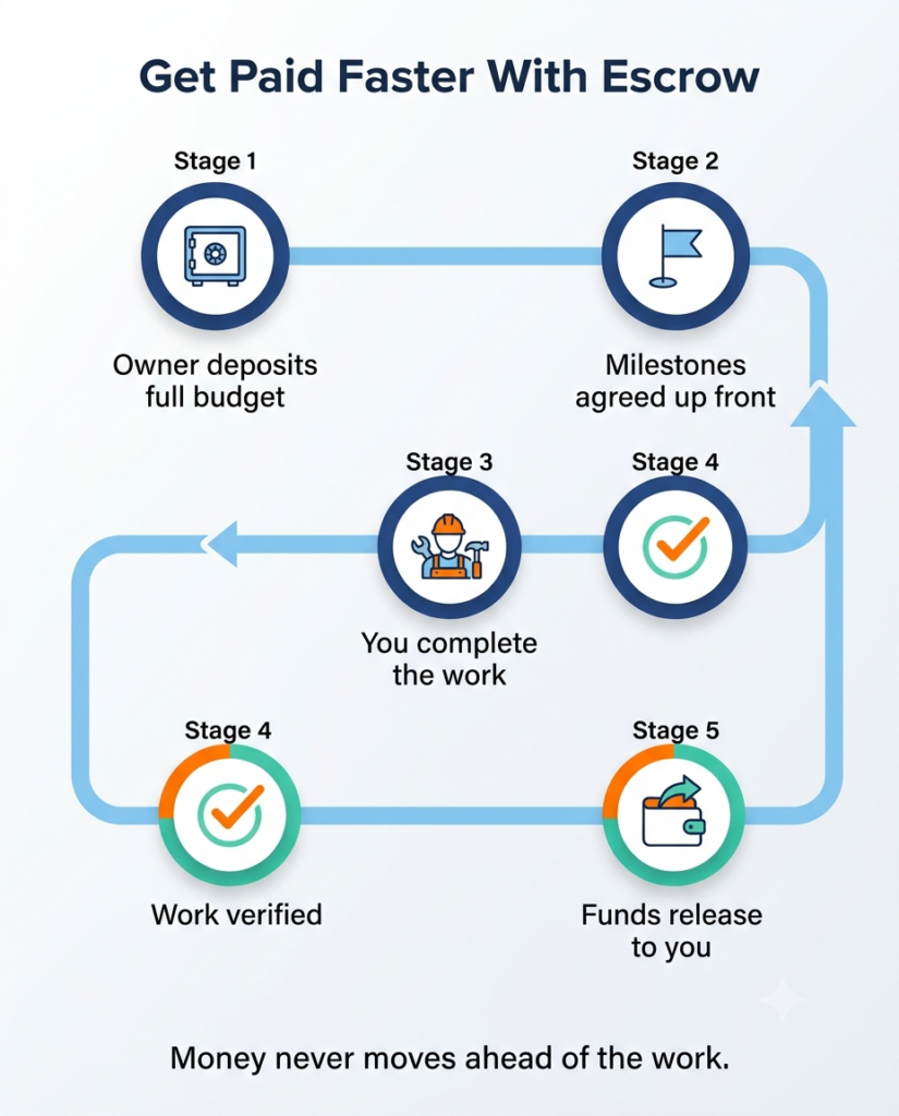 Infographic showing the five-step escrow flow behind contractor payment protection, from funded deposit to verified milestone release.