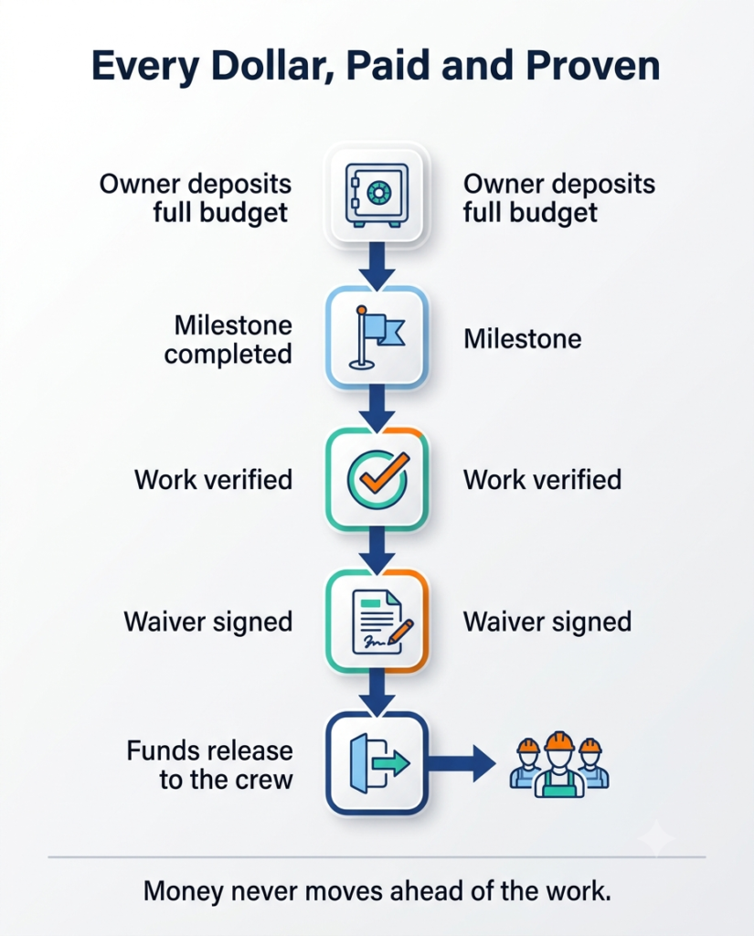 Infographic showing how to avoid a mechanics lien through a five-step escrow flow, from funded deposit to signed waiver and verified release.