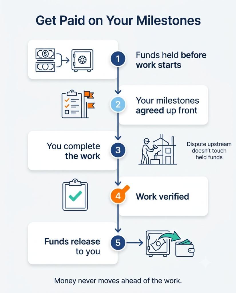  Infographic showing the five-step escrow flow behind subcontractor payment protection, from held funds to verified release.