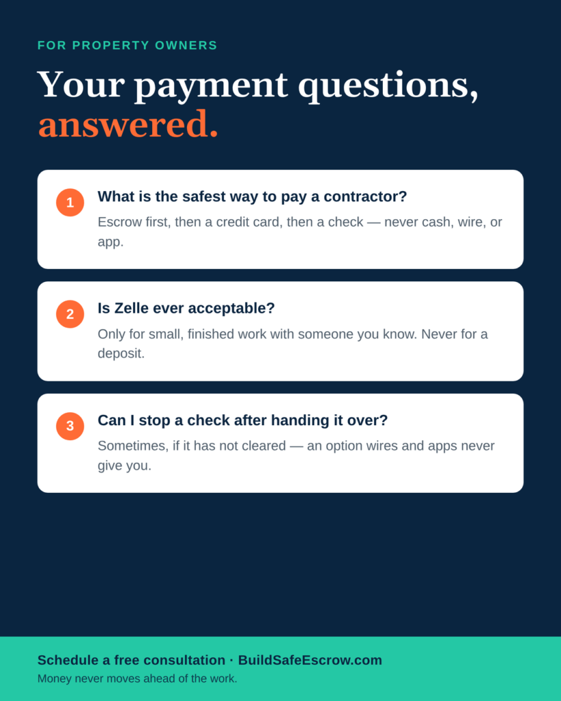 FAQ card on the safest way to pay a contractor and which methods are reversible