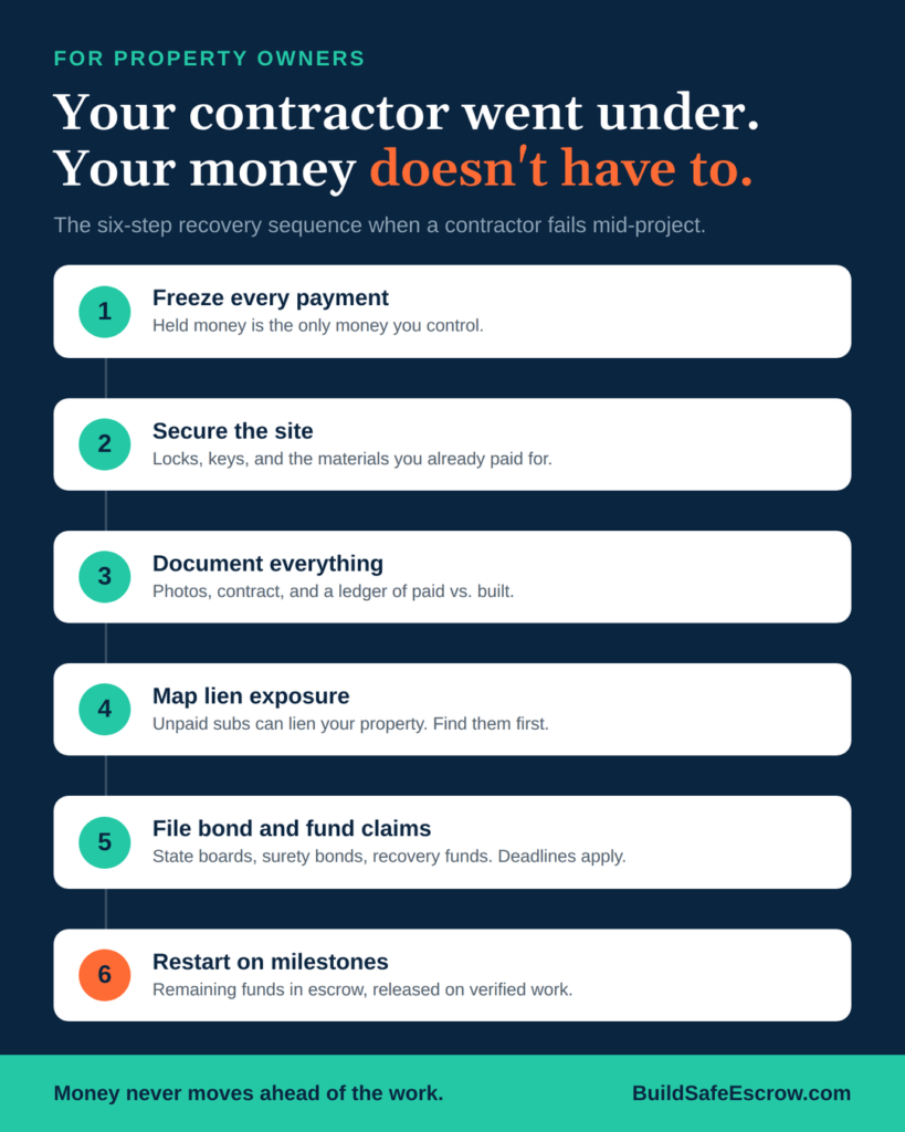 Contractor Went Out of Business? Smart Recovery Steps 4 Your contractor went under. Your money doesn't have to. The six-step recovery sequence when a contractor fails mid-project