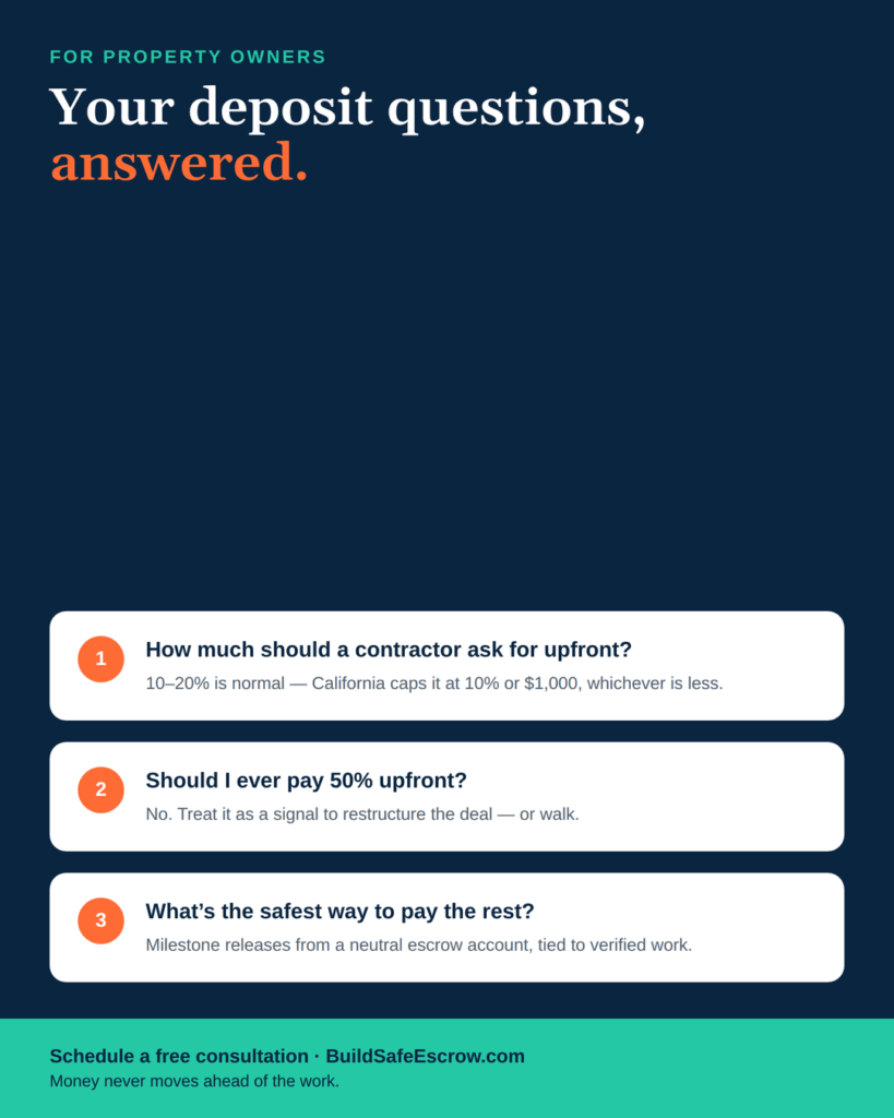 Contractor Asking for Money Upfront? When It's Normal — and When to Walk 8 FAQ card answering top questions about a contractor asking for money upfront