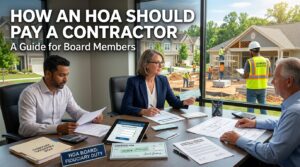 HOA board members reviewing a contractor payment schedule, deciding how should an HOA pay a contractor.