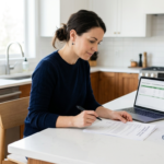 Homeowner reviewing a payment request from a contractor asking for money upfront at a kitchen table