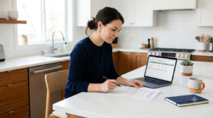 Homeowner reviewing a payment request from a contractor asking for money upfront at a kitchen table