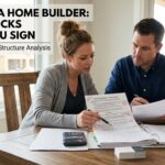 Homeowner reviewing plans with a home builder before signing a contract, learning how to evaluate a home builder