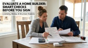 Homeowner reviewing plans with a home builder before signing a contract, learning how to evaluate a home builder