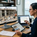 Real estate investor working to verify construction progress remotely from a laptop with project photos on screen