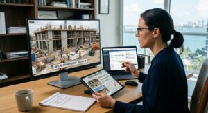Real estate investor working to verify construction progress remotely from a laptop with project photos on screen