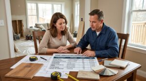 omeowner reviewing a home renovation payment schedule with milestone stages before signing.