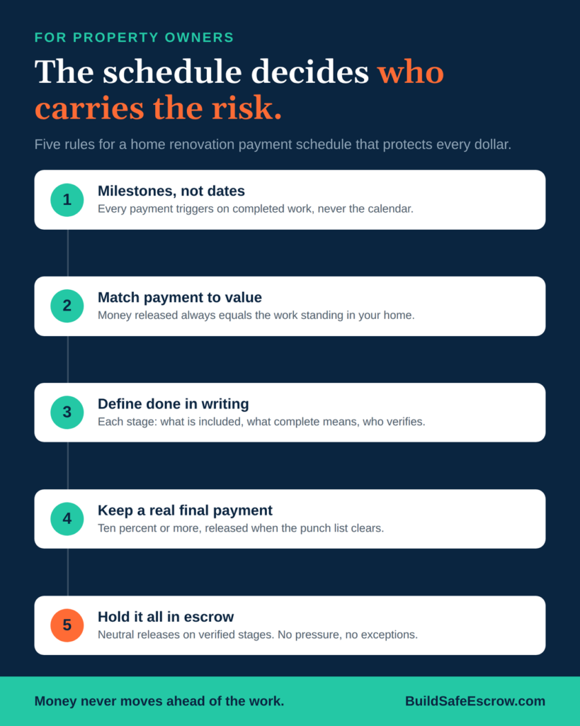 FOR PROPERTY OWNERS / The schedule decides who carries the risk. [orange: who carries the risk.] / Five rules for a home renovation payment schedule that protects every dollar.