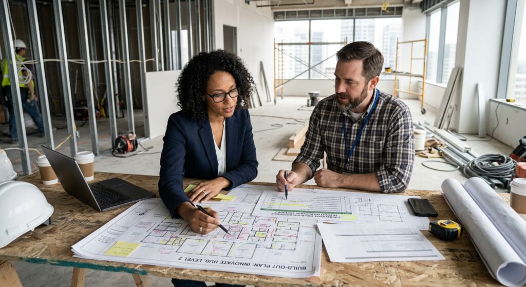 Commercial Build-Out Escrow: Who Should Hold the Money, and Who Should Not 4 Business owner reviewing a commercial build-out plan and commercial build-out escrow milestone schedule