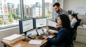 Office setting with two professionals working