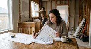 How construction escrow works: a homeowner reviewing a milestone schedule at a kitchen table during a renovation