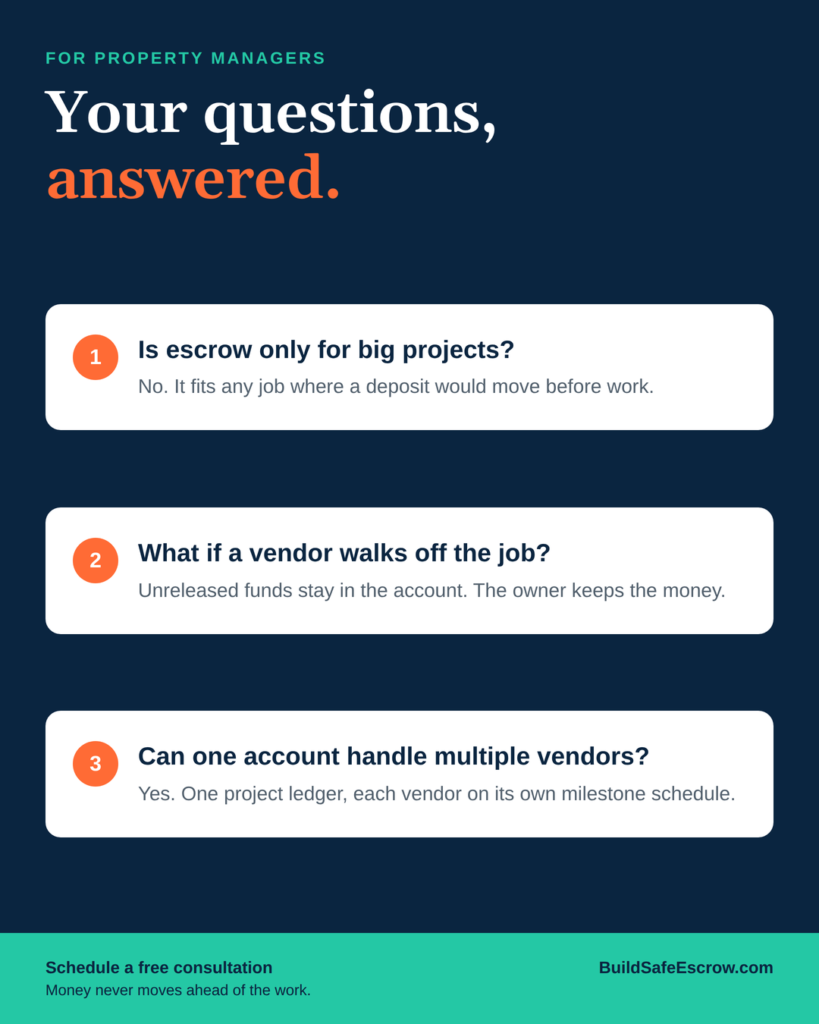 Construction escrow for property managers: five-step vertical flow from owner deposit to verified milestone release
