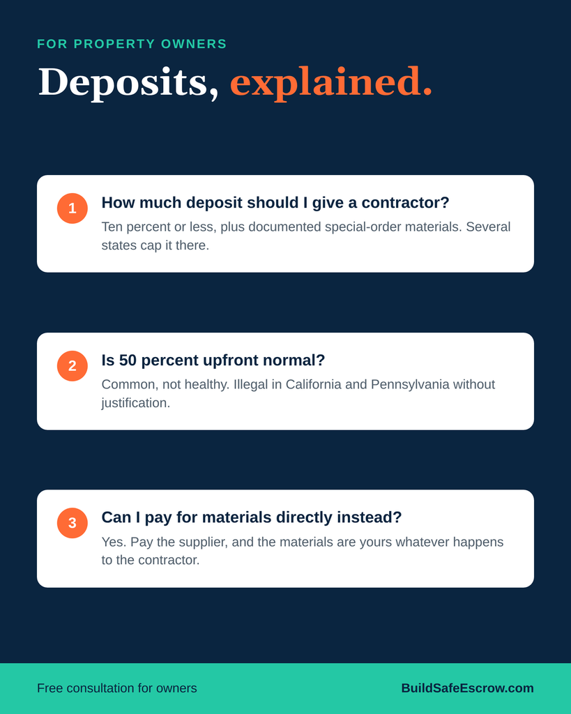 Paying contractors upfront is where most renovation money is lost. What a deposit should be, the rules in 11 states, and how to fund a project without one.