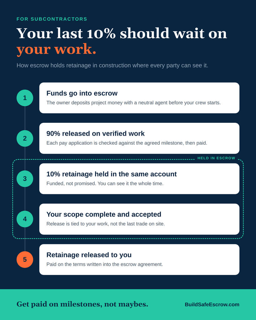 Five-step infographic showing how escrow holds retainage in construction until a subcontractor's scope is complete