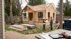 Investor reviewing an ADU construction escrow milestone dashboard beside a backyard cottage that is in construction