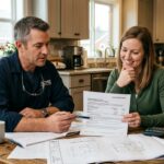 Builder reviewing proof of funds for construction documents with a homeowner at a kitchen table on a custom home project
