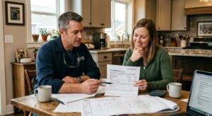 Builder reviewing proof of funds for construction documents with a homeowner at a kitchen table on a custom home project